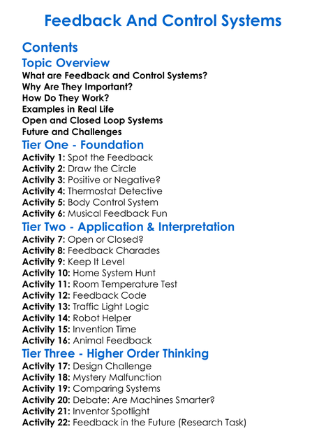 Feedback And Control Systems Worksheet Activity Booklet