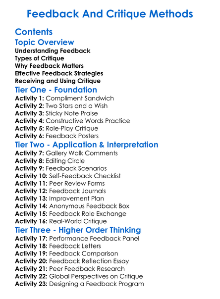 Feedback And Critique Methods Worksheet Activity Booklet