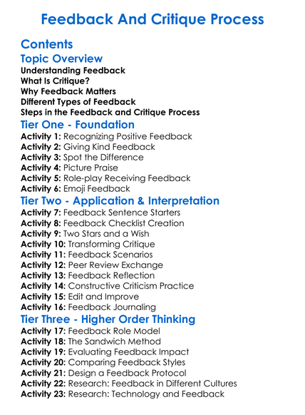 Feedback And Critique Process Worksheet Activity Booklet