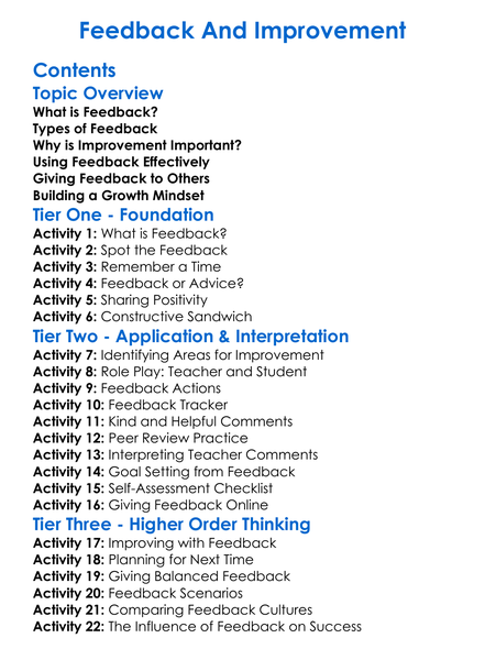 Feedback And Improvement Worksheet Activity Booklet