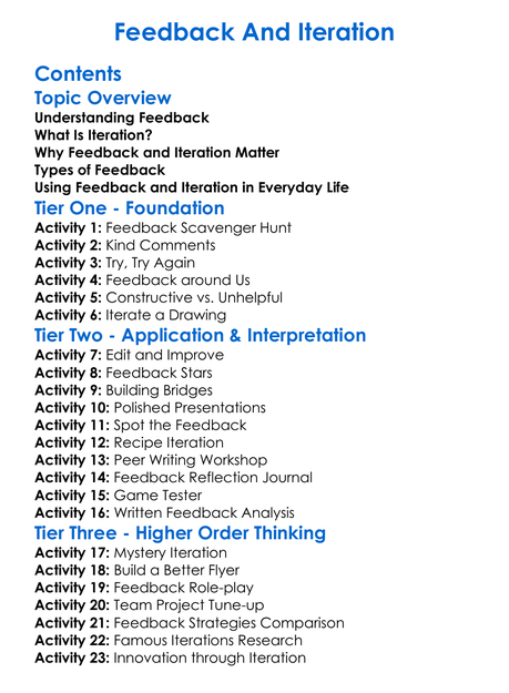 Feedback And Iteration Worksheet Activity Booklet