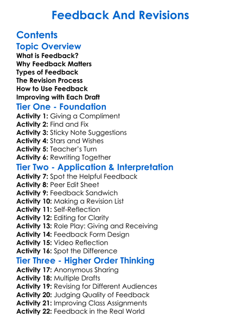 Feedback And Revisions Worksheet Activity Booklet