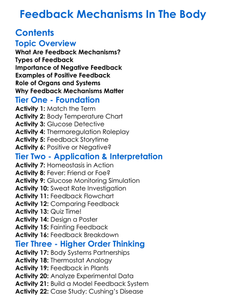 Feedback Mechanisms In The Body Worksheet Activity Booklet