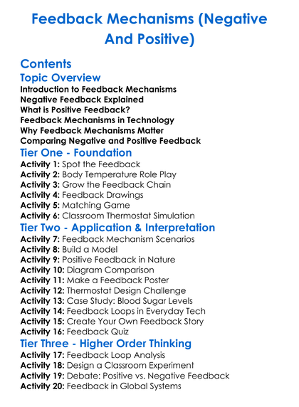 Feedback Mechanisms Negative And Positive Worksheet Activity Booklet