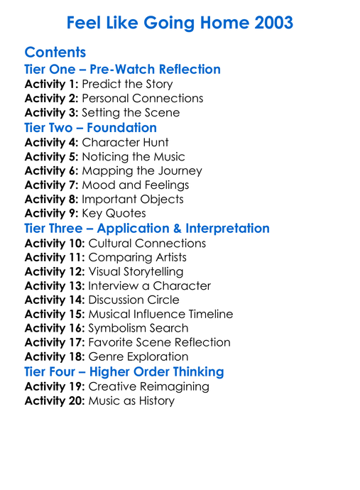 Feel Like Going Home 2003 Worksheet Activity Booklet