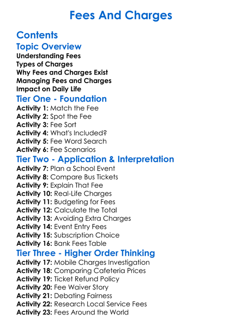 Fees And Charges Worksheet Activity Booklet