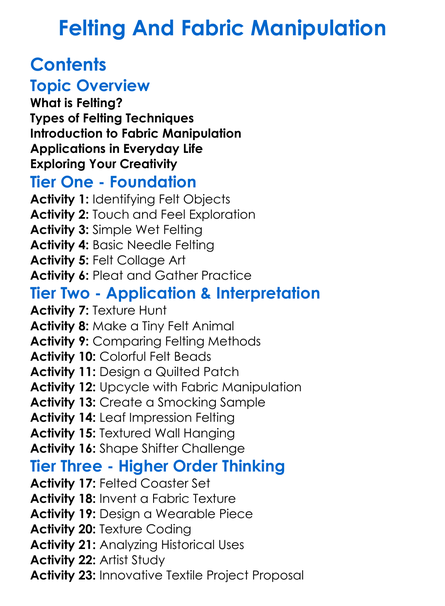 Felting And Fabric Manipulation Worksheet Activity Booklet