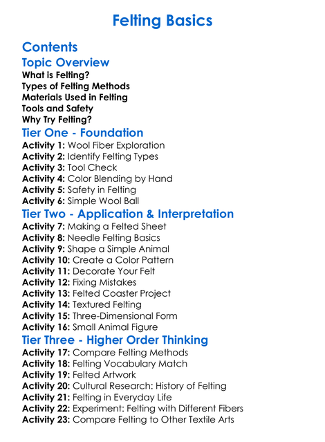 Felting Basics Worksheet Activity Booklet