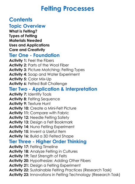 Felting Processes Worksheet Activity Booklet