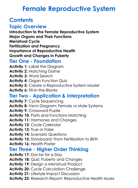 Female Reproductive System Worksheet Activity Booklet