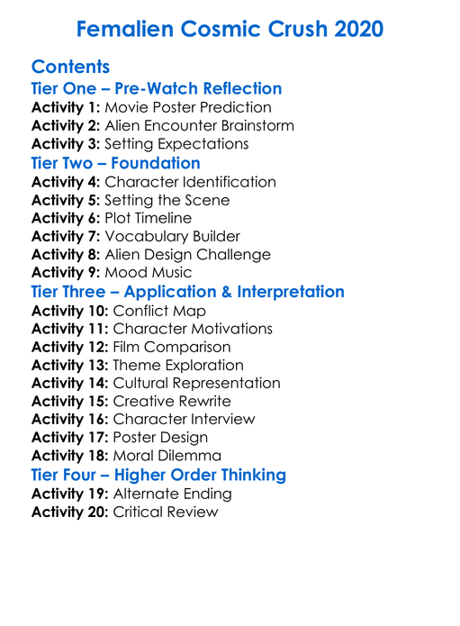 Femalien Cosmic Crush 2020 Worksheet Activity Booklet