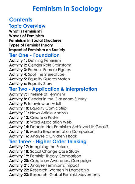 Feminism In Sociology Worksheet Activity Booklet