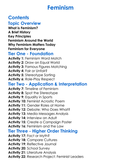 Feminism Worksheet Activity Booklet