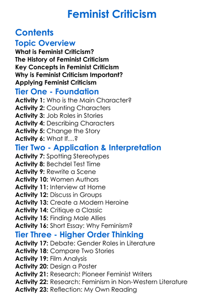 Feminist Criticism Worksheet Activity Booklet