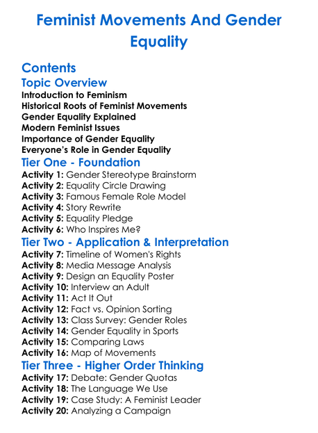 Feminist Movements And Gender Equality Worksheet Activity Booklet