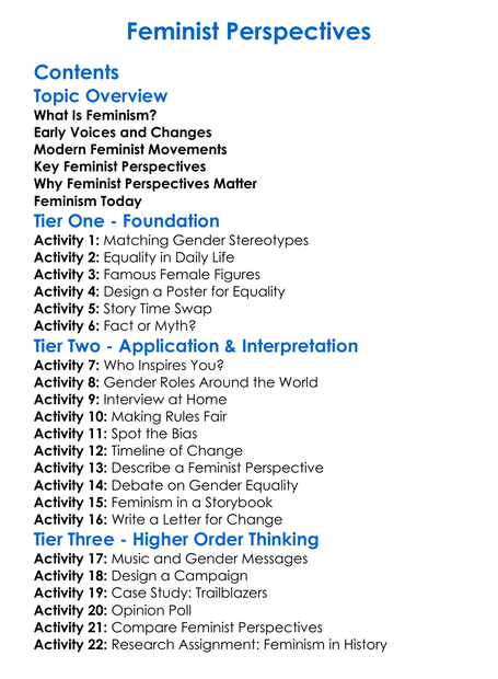 Feminist Perspectives Worksheet Activity Booklet