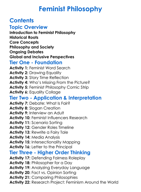 Feminist Philosophy Worksheet Activity Booklet