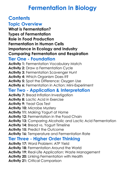 Fermentation In Biology Worksheet Activity Booklet