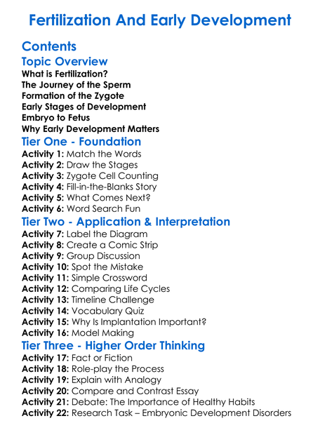 Fertilization And Early Development Worksheet Activity Booklet