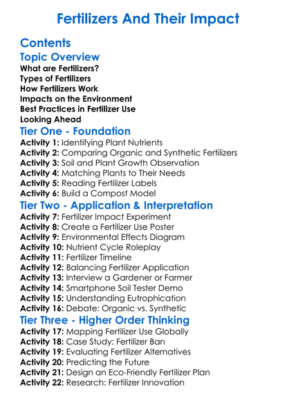 Fertilizers And Their Impact Worksheet Activity Booklet