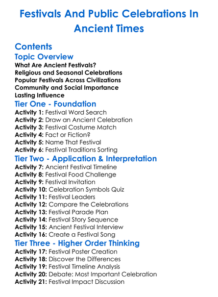 Festivals And Public Celebrations In Ancient Times Worksheet Activity Booklet