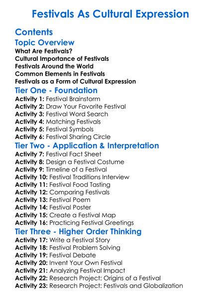 Festivals As Cultural Expression Worksheet Activity Booklet
