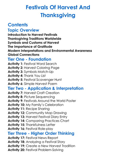 Festivals Of Harvest And Thanksgiving Worksheet Activity Booklet