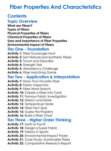 Fiber Properties And Characteristics Worksheet Activity Booklet