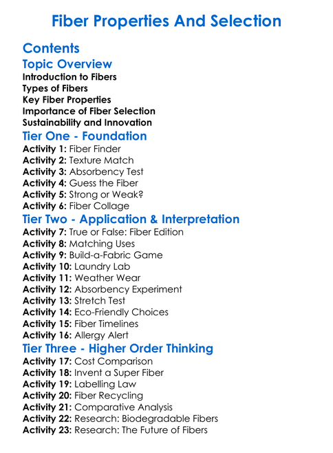 Fiber Properties And Selection Worksheet Activity Booklet