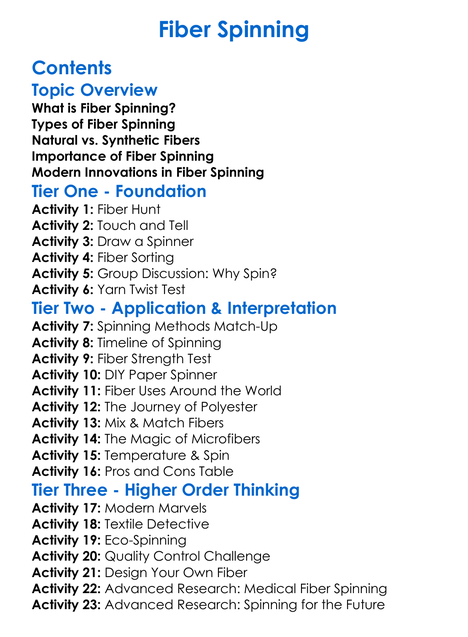 Fiber Spinning Worksheet Activity Booklet
