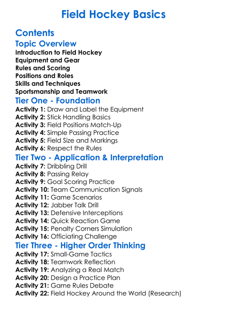 Field Hockey Basics Worksheet Activity Booklet