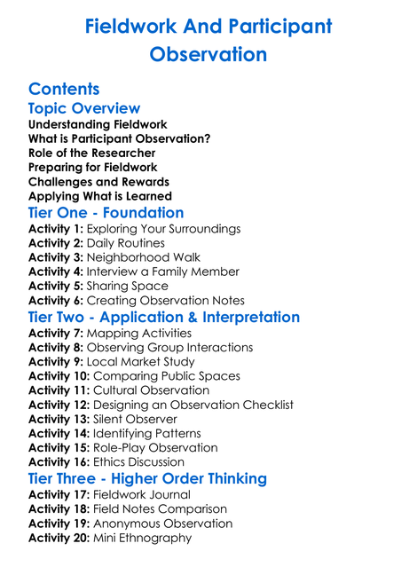 Fieldwork And Participant Observation Worksheet Activity Booklet