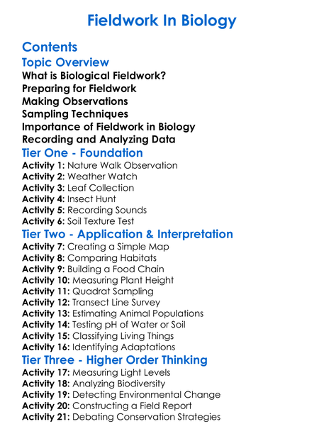 Fieldwork In Biology Worksheet Activity Booklet