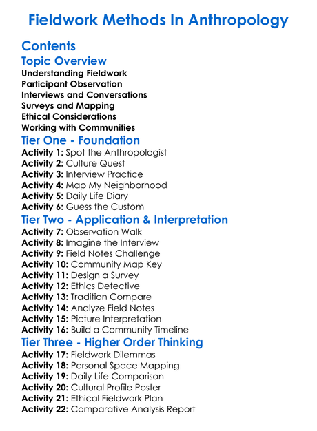 Fieldwork Methods In Anthropology Worksheet Activity Booklet