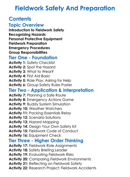Fieldwork Safety And Preparation Worksheet Activity Booklet