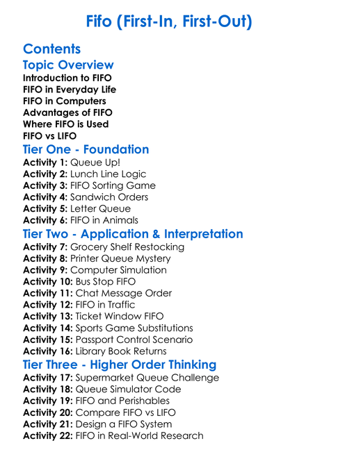 Fifo First-In First-Out Worksheet Activity Booklet
