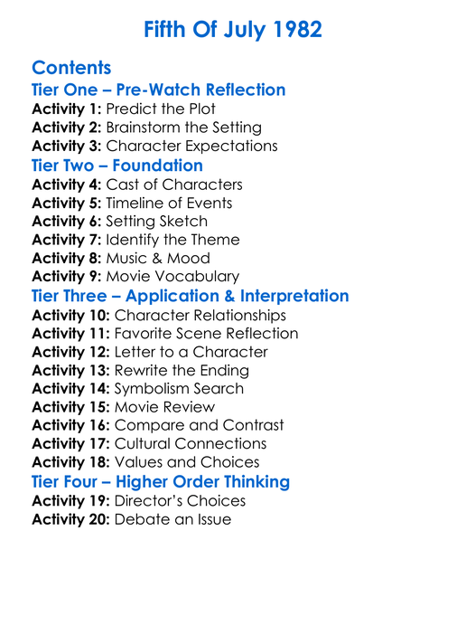 Fifth Of July 1982 Worksheet Activity Booklet