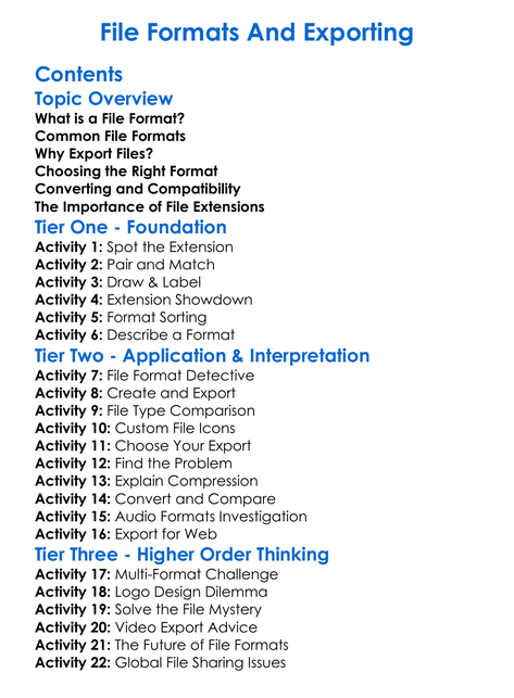 File Formats And Exporting Worksheet Activity Booklet