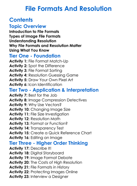File Formats And Resolution Worksheet Activity Booklet