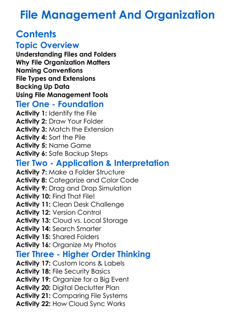 File Management And Organization Worksheet Activity Booklet