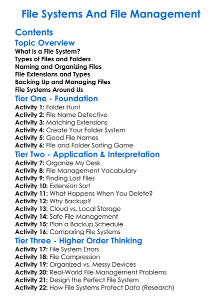 File Systems And File Management Worksheet Activity Booklet