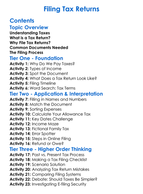 Filing Tax Returns Worksheet Activity Booklet