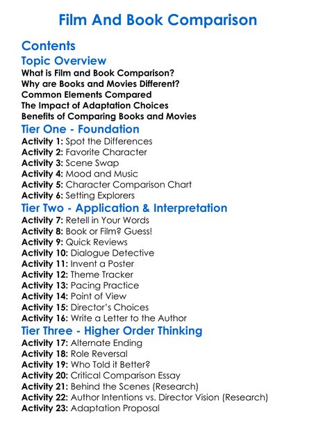 Film And Book Comparison Worksheet Activity Booklet