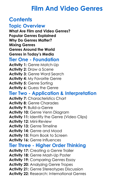 Film And Video Genres Worksheet Activity Booklet
