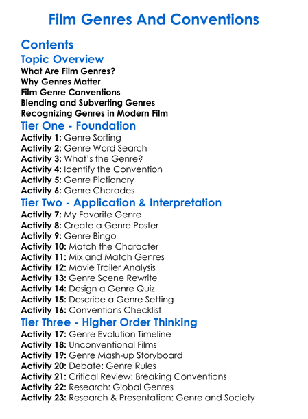 Film Genres And Conventions Worksheet Activity Booklet