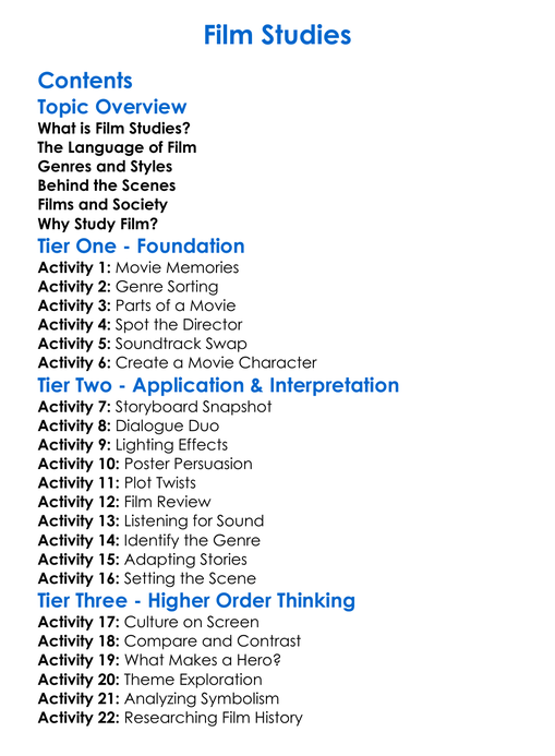 Film Studies Worksheet Activity Booklet