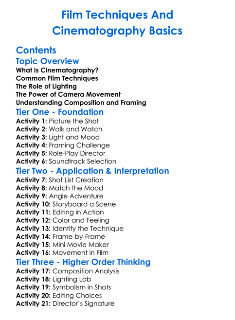 Film Techniques And Cinematography Basics Worksheet Activity Booklet
