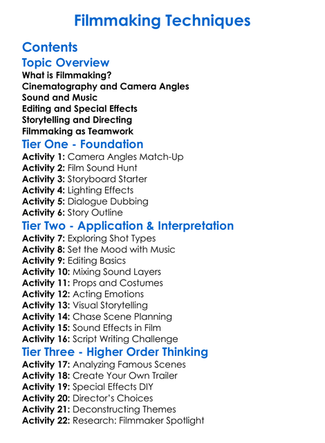 Filmmaking Techniques Worksheet Activity Booklet