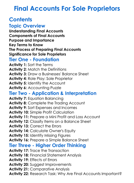 Final Accounts For Sole Proprietors Worksheet Activity Booklet