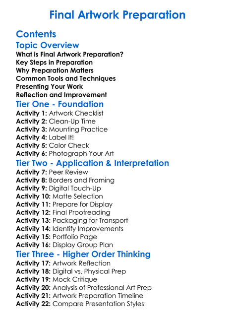Final Artwork Preparation Worksheet Activity Booklet